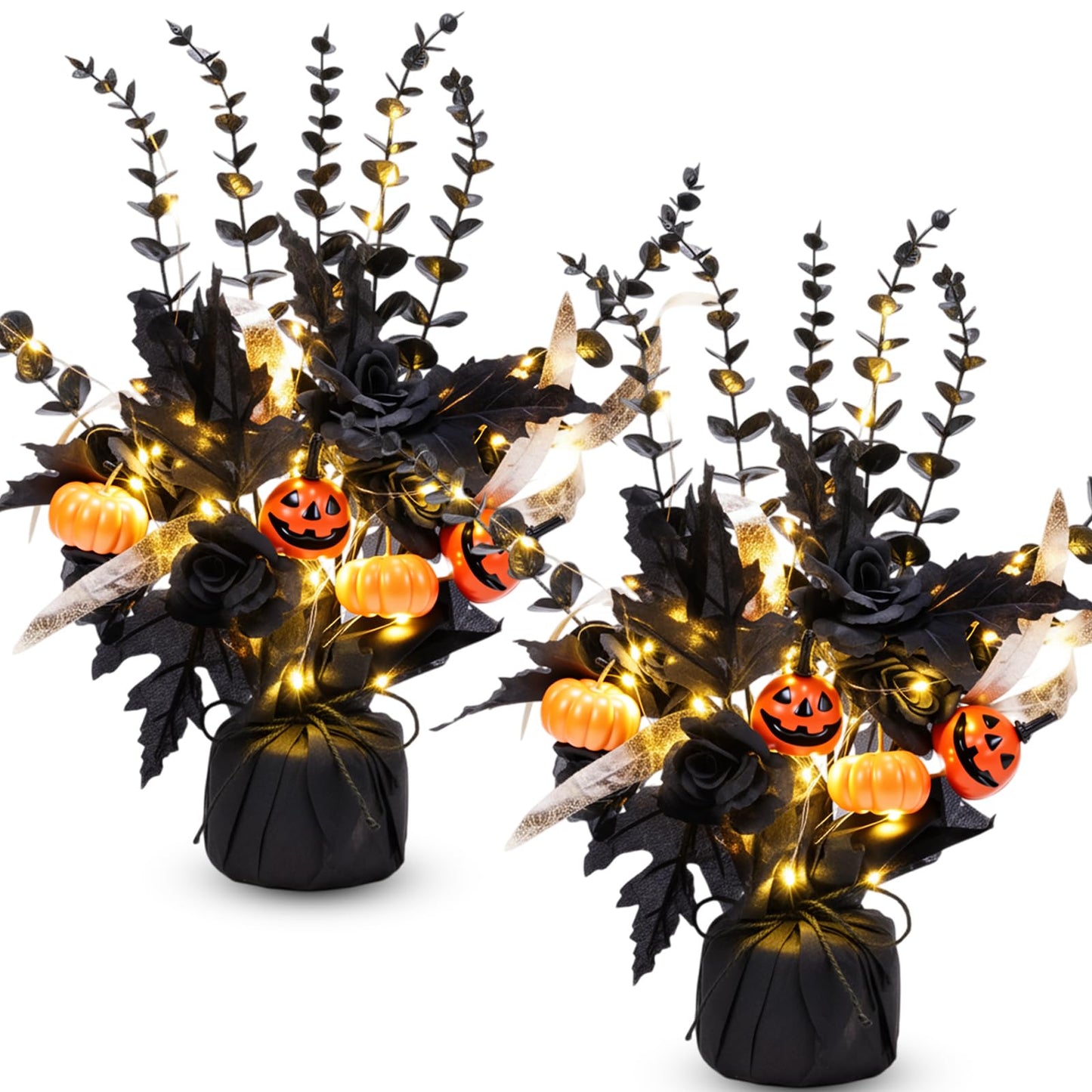 Pinkunn 2 Packs Halloween Centerpiece for Table, Halloween Table Tree Decoration with Light, Artificial Pumpkin Tabletop Tree 16 Inches with Black Eucalyptus Branches Burlap Base Decor for Home Indoor
