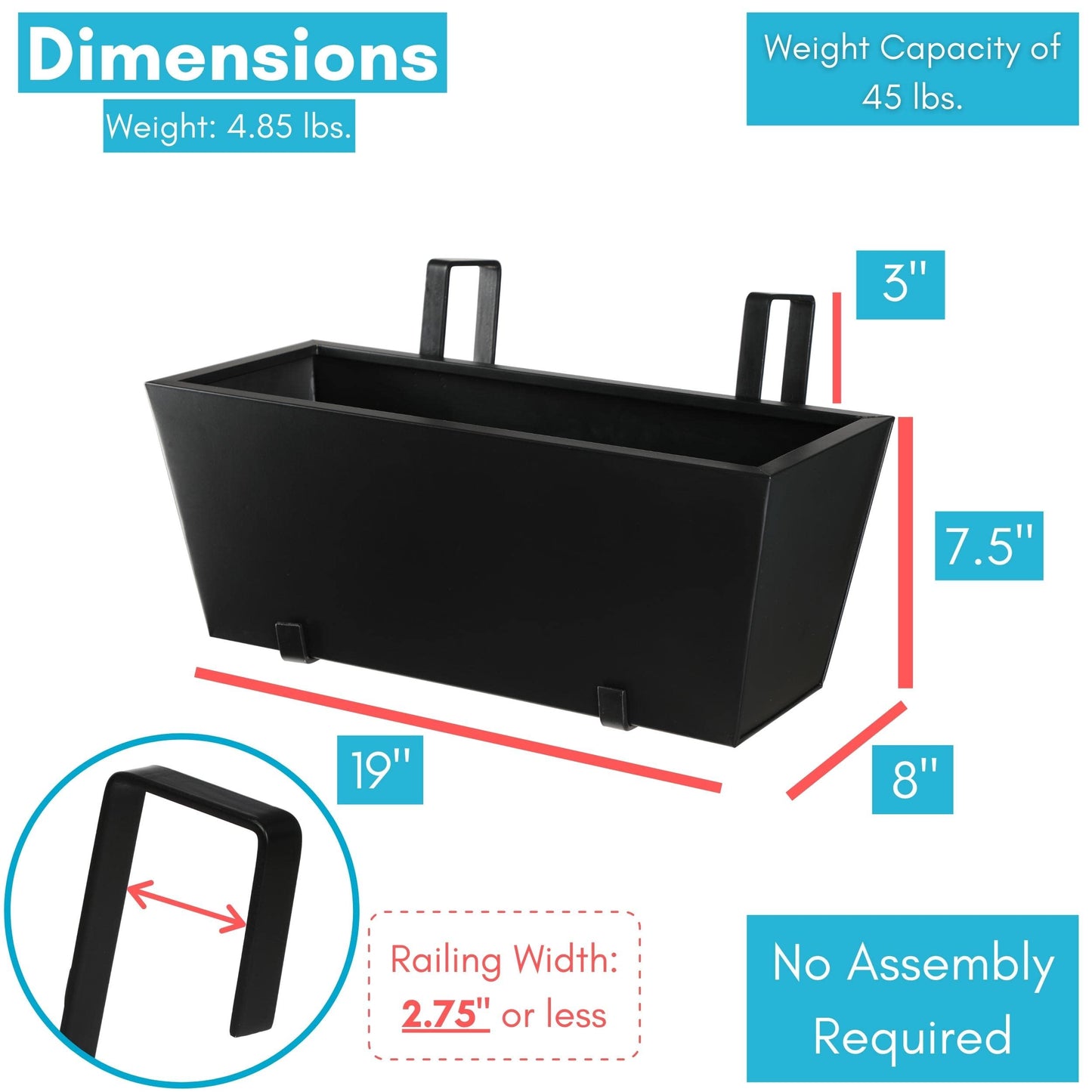 BIRDROCK HOME 1pk Metal Railing Planter - Balcony Flower Box - Deck Rail Boxes - House Apartment Plant Pot - Black