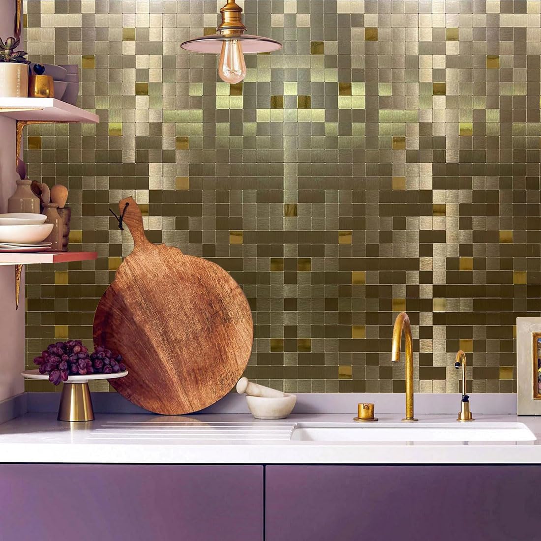 WEIMEISC 10 Sheets Peel and Stick Backsplash Tile for Kitchen, Self-Adhesive Mosaic Tile, Stick on Bathroom Vanities，Fireplace Décor, Laundry Table(11.81" X 11.81") (Brushed Gold+Golden Mirror, 10)