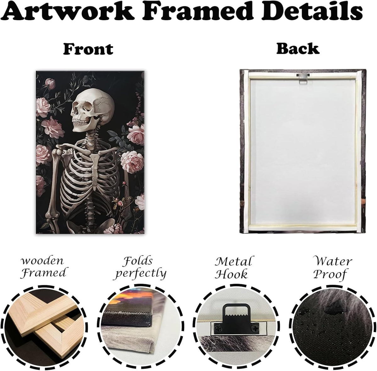 OAAPITI Skull Floral Wall Art Vintage Skeleton Portrait Canvas Print Dark Gothic Skull Art for Living Room Bedroom Home Wall Decor Ready to Hang(Artwork-10,28"x42")
