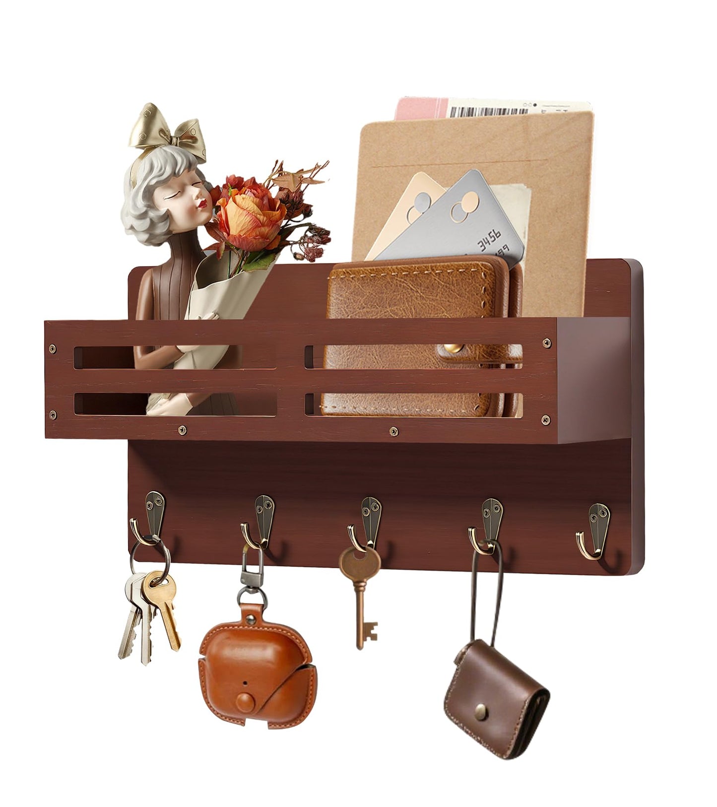 KISENG Key Holder Wall Mount Farmhouse Key Hooks for Wall with Mail Organizer Decorative Key Rack with 5 Sturdy Hooks for Dog Leash, Sunglasses, Rustic, Paulownia Key Hanger for Entryway
