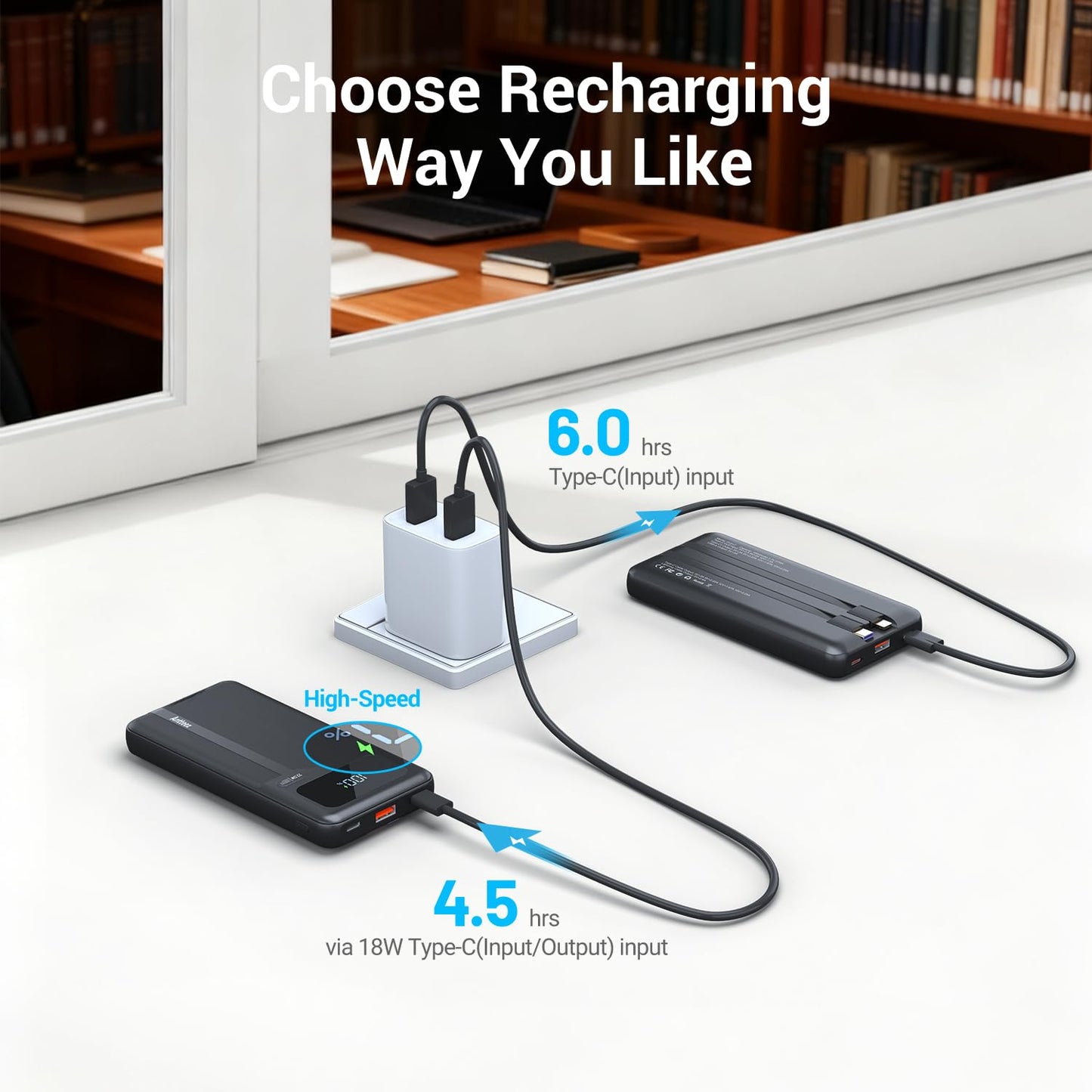 Antteez Portable Charger with Built in Cable - 10000mAh Fast Charging 22.5W Power Bank USB C LED Display Travel Battery Pack 4 Outputs & 2 Inputs for iPhone Samsung iPad Phones Tablets