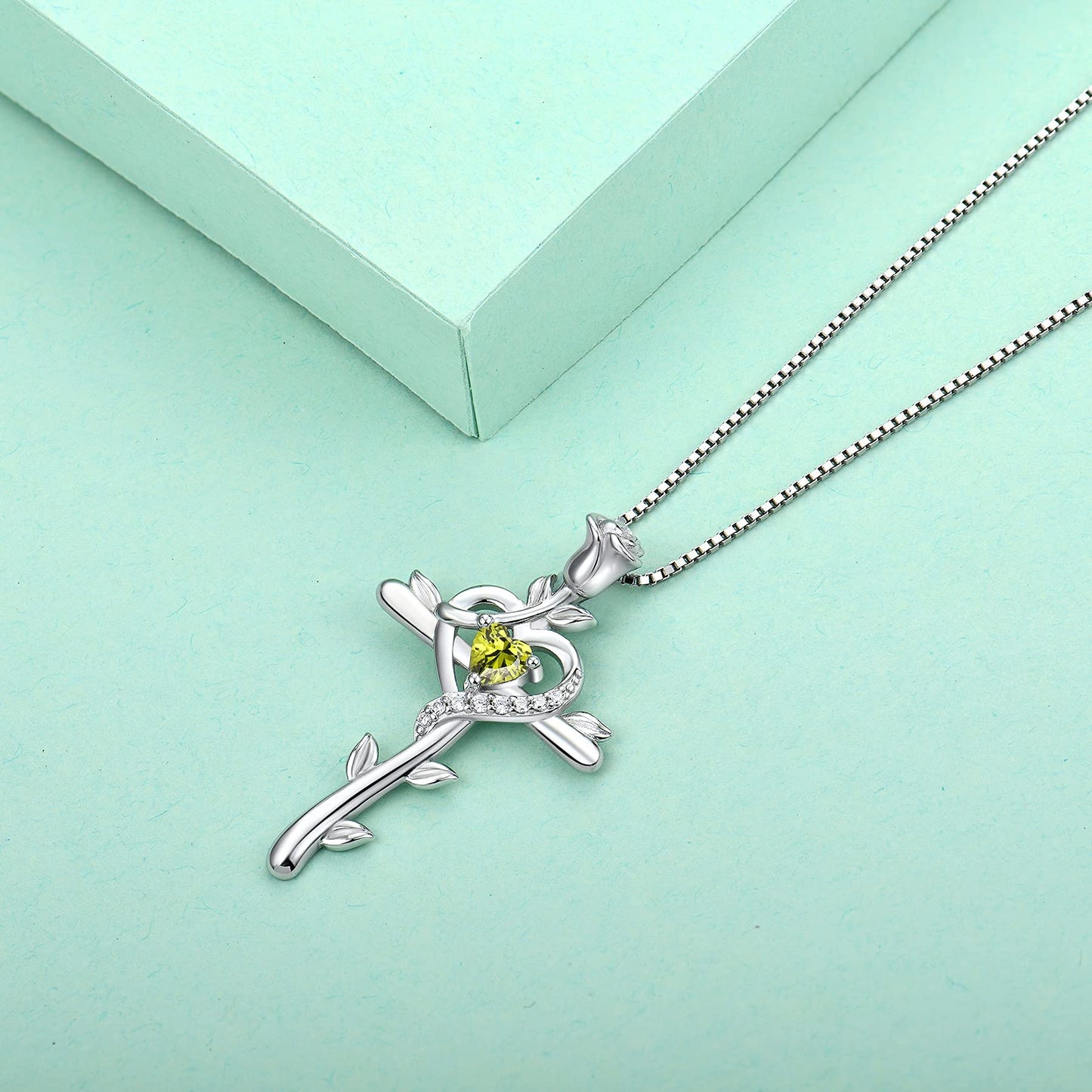 STARCHENIE Rose Cross Necklace 925 Sterling Silver Heart Crucifix Pendant Created Peridot Jewelry for Women
