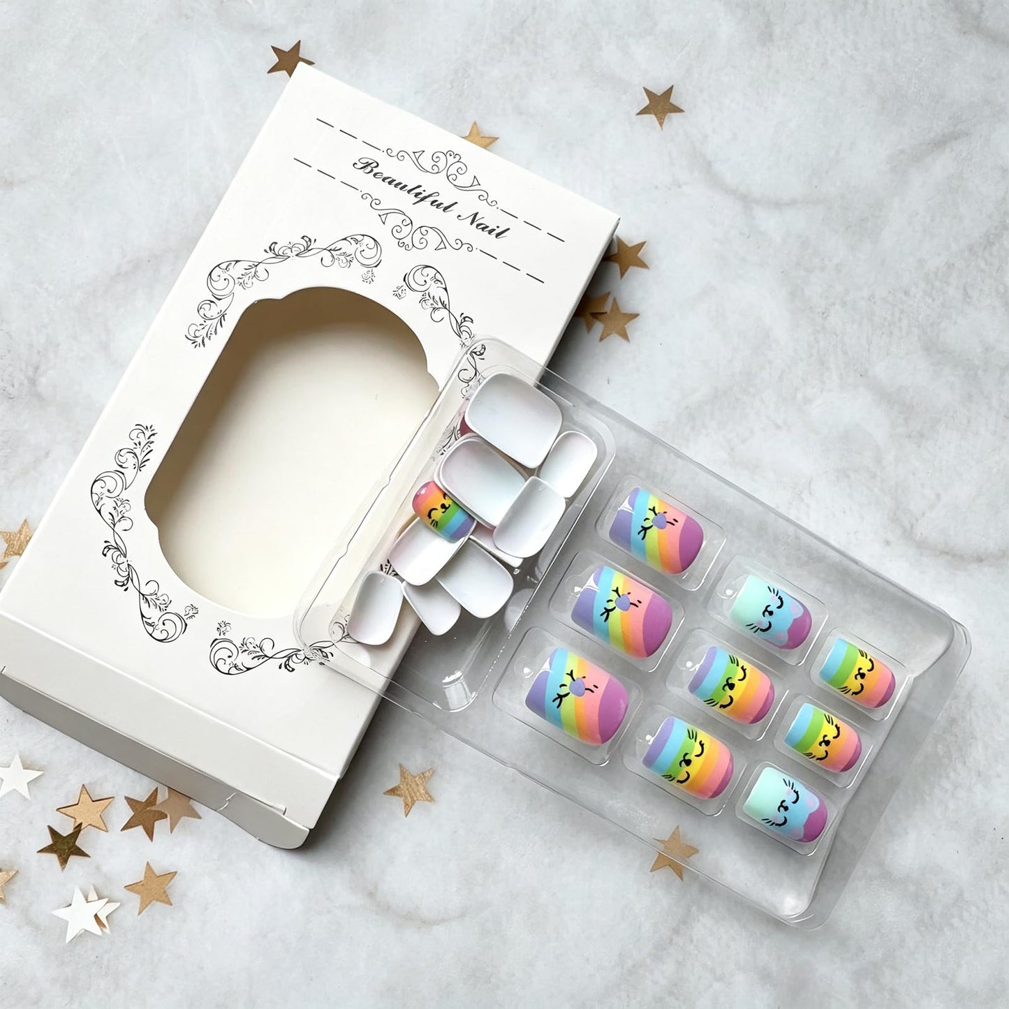 Short Press on Nails Cute Cat Fake Nails with Rainbow Stripes Design Square Shape Acrylic Nails Spring Summer Glue on Nails Glossy False Nails Holiday Full Cover Stick on Nails for Women Manicure
