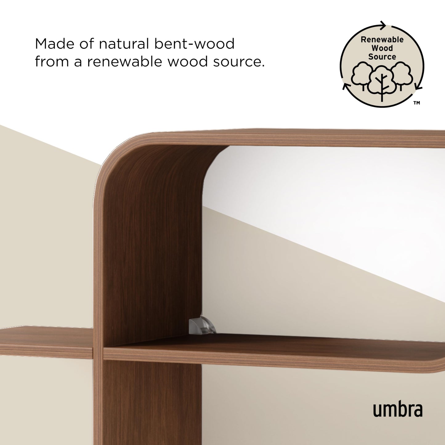 Umbra Montage Floating Wall Shelf Display Case, Made of Natural Bent Wood, Light Walnut