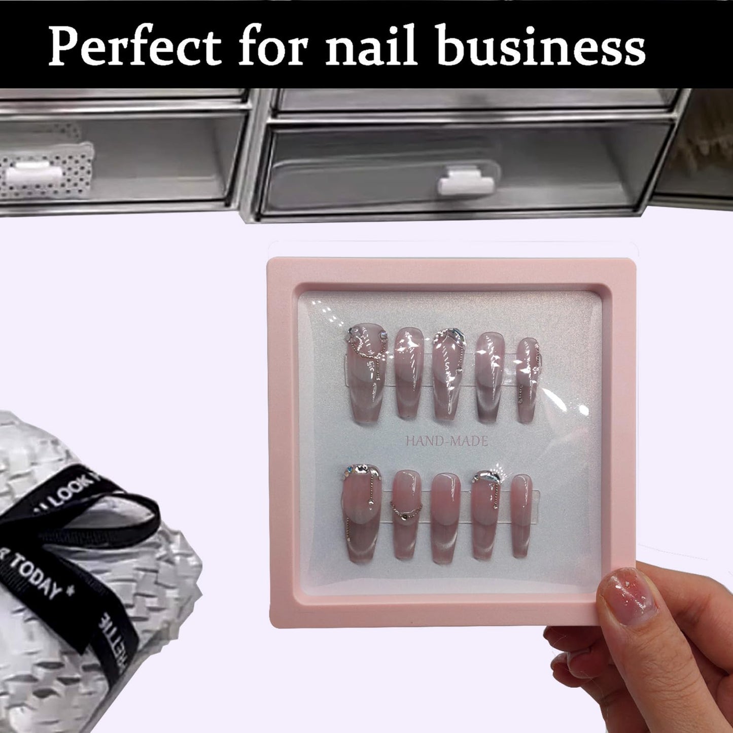 GUXACU Press On Nail Packaging Boxes 3D Floating Press On Nail Storage Box Nail Display Box with 60pcs Double Sided Adhesive Nail Display Tape for Nail Tech (Pink, 4.3 inch)