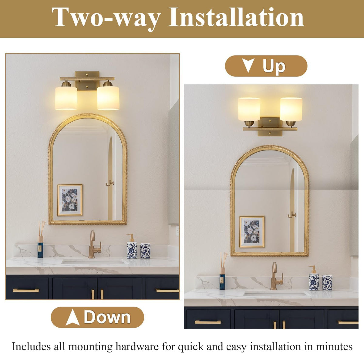 Stainless Steel Milk Glass Vanity Lights for Bathroom, 2 Light Brass Bathroom Light Fixtures Over Mirror, Ceramic E26 Sockets Wall Mounted