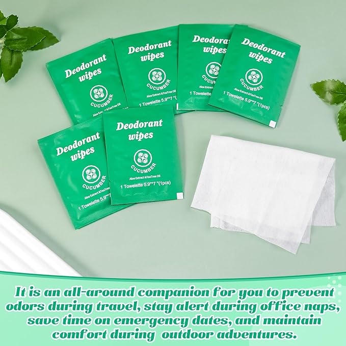 Travel Deodorant Wipes Individually Wrapped,Body Wipes to Clean Skin for Women Men（Cucumber,pack of 50)