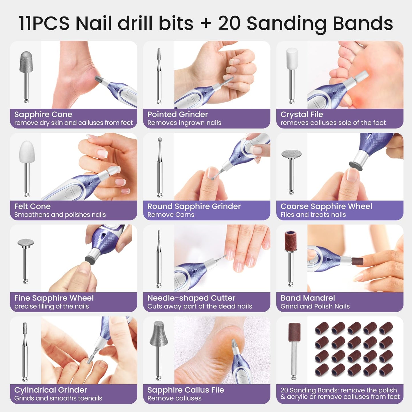 36-Piece DW2180 Professional Manicure Pedicure Kit,Electric Nail File Set with 12 Attachments,Cordless Electric Nail Drill Machine,Nail Grinder for Thick Toenail, Pedicure Tools for Feet Hand