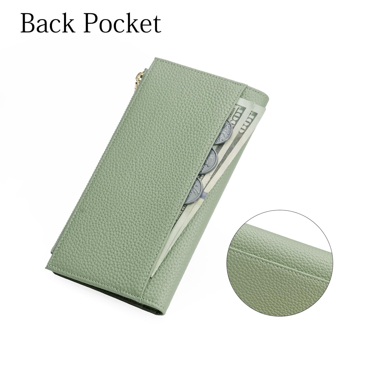 GOIACII Slim Wallet for Women Rfid Blocking Credit Card Holder with Zip Pocket Bifold Vegan Pebble Leather Green
