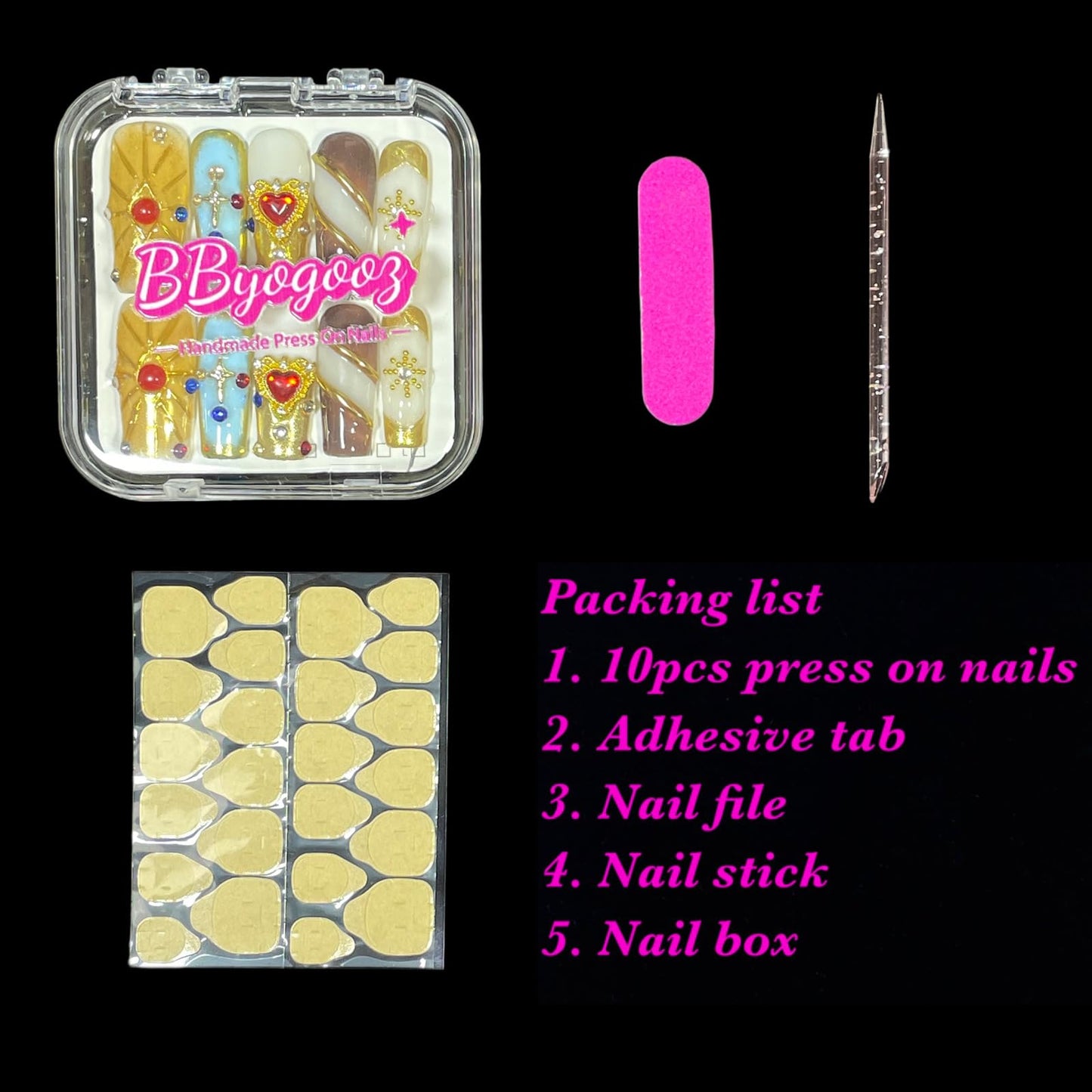 Handmade Press On Nails Middle/Long Square Luxury Acrylic Fake Nails - Vintage Red Heart & Diamond Gold Salon False Nails, 3D Press Ons Gift for Women (Luxury gold, S)