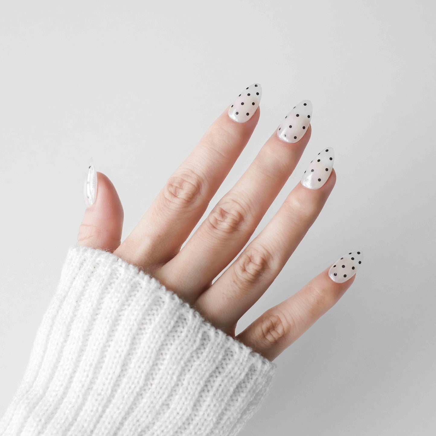 Nailique Press On Nails Short Almond – Handmade Chrome Glazed Donut Soft Gel White Black Polka Dot, 26pcs Reusable Nail Tips with Glue & Remover, Salon Quality Bridal Wedding Manicure