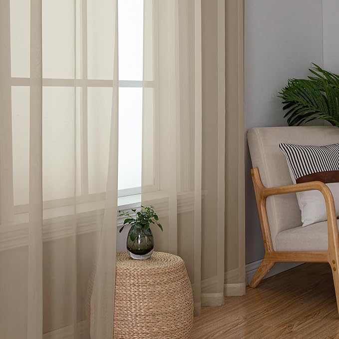 Simplebrand Taupe Sheer Curtains 72 Inches Long 2 Panels, Light Filtering Rod Pocket Solid Color Kakhi Taupe Brown Elegant Window Sheer Curtains & Drapes for Living Room, Bedroom (42" W x 72" L)