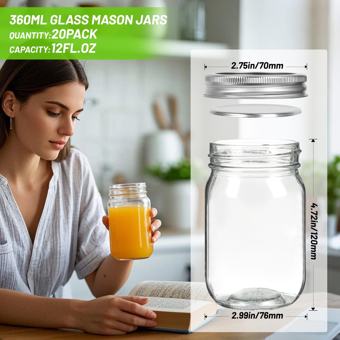 12 oz Mason Jars 20 Pack with Airtight Lids, Glass Canning Jars, Durable & Leakproof Storage Reusable Containers for Pickling, Meal Prep, Spices, Dry Goods, Great Value Set with Secure Packaging