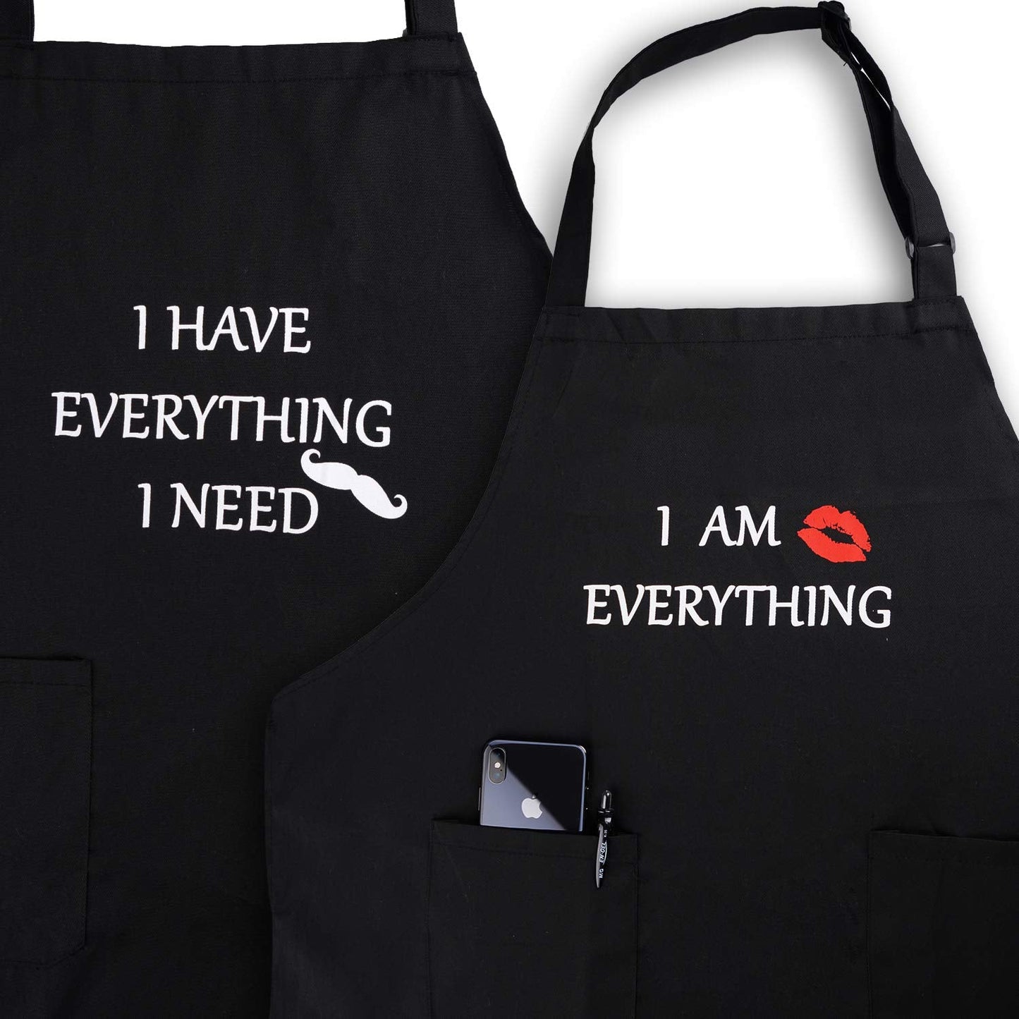 YIKA® Apron Couples, Valentines Day Gifts for Couples: Waterproof Aprons for Women Men, with Adjustable Neck Strap with Extra Long Ties, 2 Pockets (Black)
