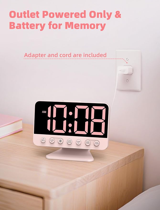Odokee Digital Alarm Clocks for Bedrooms with Large Bold Number | Pink Alarm Clock with 8 Night Lights & Dimmable Display - Cute Alarm Clock with 5 Sounds for Girls Teens Kids - Sakura Pink