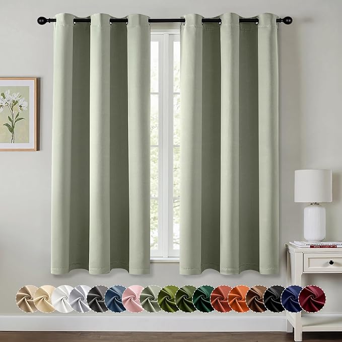 MIULEE Sage Green Blackout Curtains for Bedroom Living Room 68 Inches Long 2 Panels, Thermal Insulated Room Darkening Drapes Solid Grommet Top Noise Reducing Light Green Window Treatments 40x68 Inch