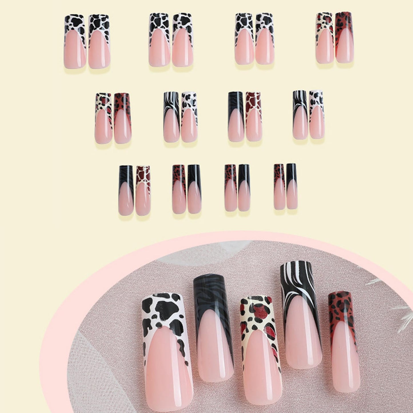 IMSOHOT Fall Press on Nails Long Square Fake Nails Glossy Brown French Tips False Nails with Zebra Stripes & Leopard Print Designs Full Cover Acrylic Glue on Nails for Women 24Pcs