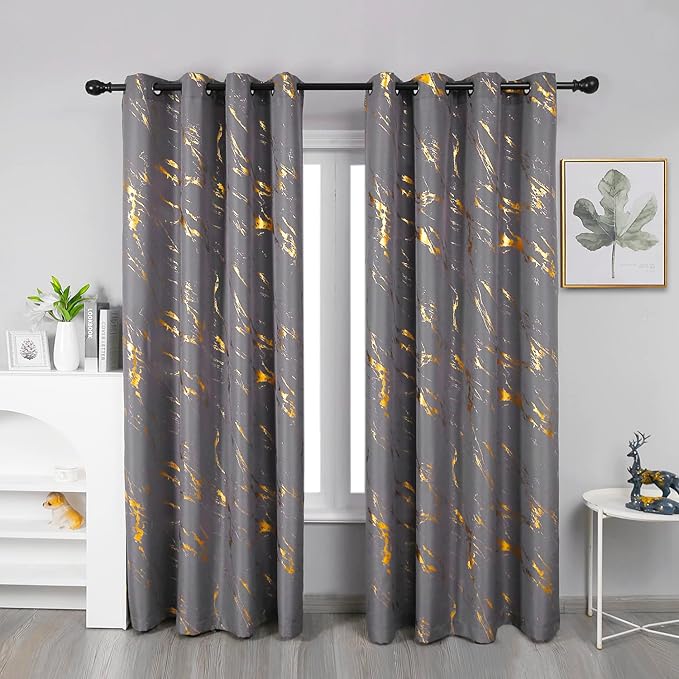 Taisier Home Gold Foil Print Linen Textured Curtains - Geometric Marble Pattern Design for Living Room - Light Filtering Window Treatment, 2 Panels, 84" L, Soft Grey and Gold