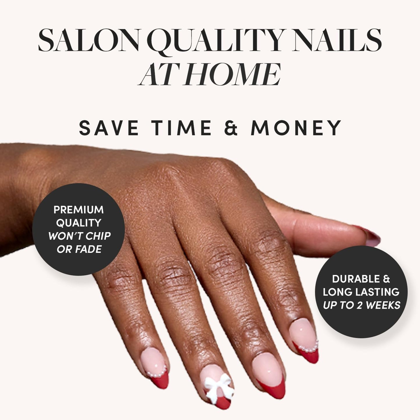 Glamnetic Press On Nails - Ruby Ribbons | Short Almond Fake Nails with Red French Tips & 3D Bows in a Glossy Finish, Salon Quality | 15 Sizes - 30 Nail Kit with Glue