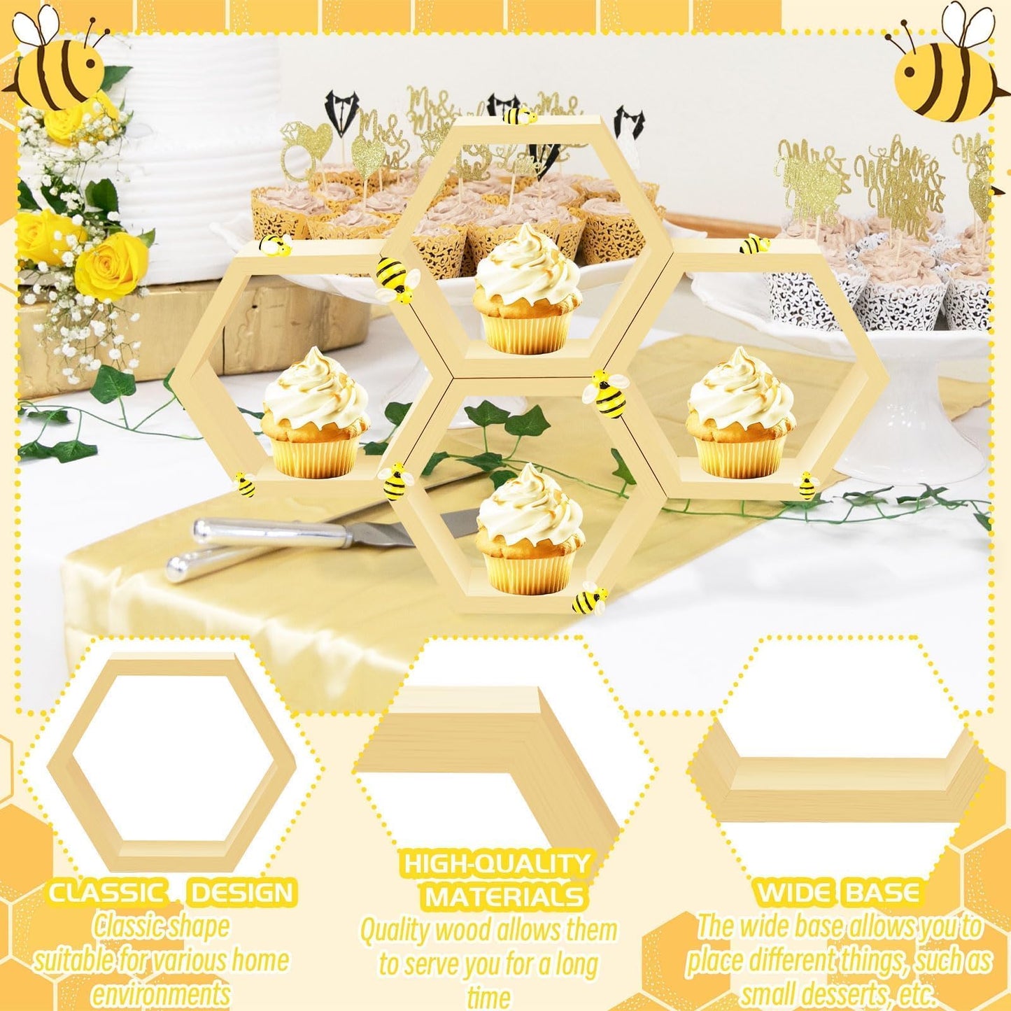 8 Pcs 4.13 Inch Honeycomb Cupcake Stand Cake Farmhouse Hexagon Display Holder Hexagonal Wood Cupcake Stand Floating Table Sign with Wooden Bee for Wedding Baby Shower Birthday Party Table Decorations