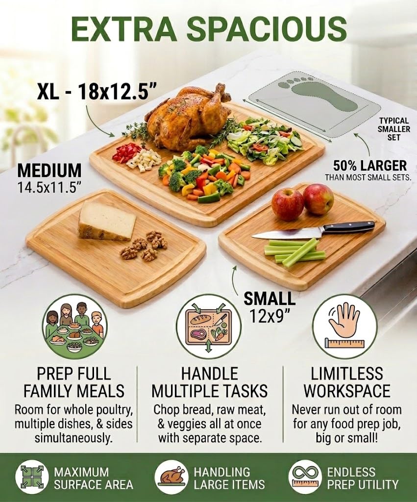 Greener Chef Luxury XL Bamboo Cutting Board Set of 3 with Vertical Grain Strength Technology - Extra Large Wood Cutting Boards for Kitchen and Lightweight Chopping Board Set - Replacements for Life