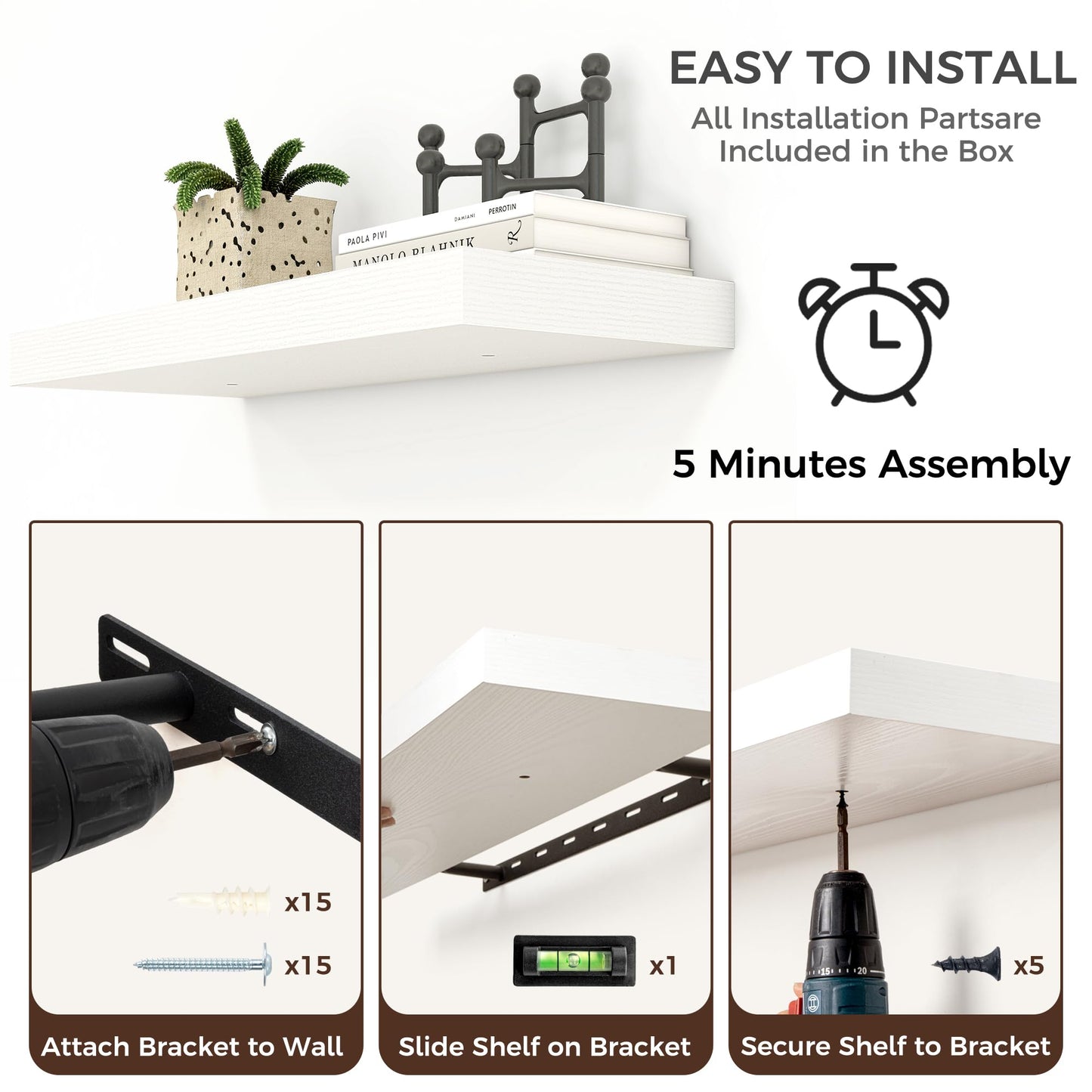 Venusmiles Floating Shelves for Wall, Engineered Wood Wall Shelves with Invisible Brackets for Living Room Bedroom Bathroom Office Kitchen Decor and Storage (White, 24" W x 9" D x 1.5" H) Set of 2