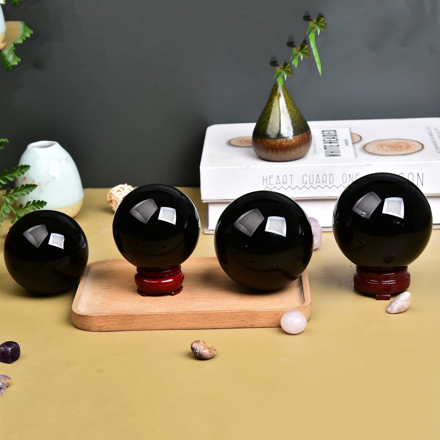 JIC Gem Small Black Crystal Ball - Obsidian Sphere with Wooden Stand for Feng Shui Healing, Meditation (70-80mm)