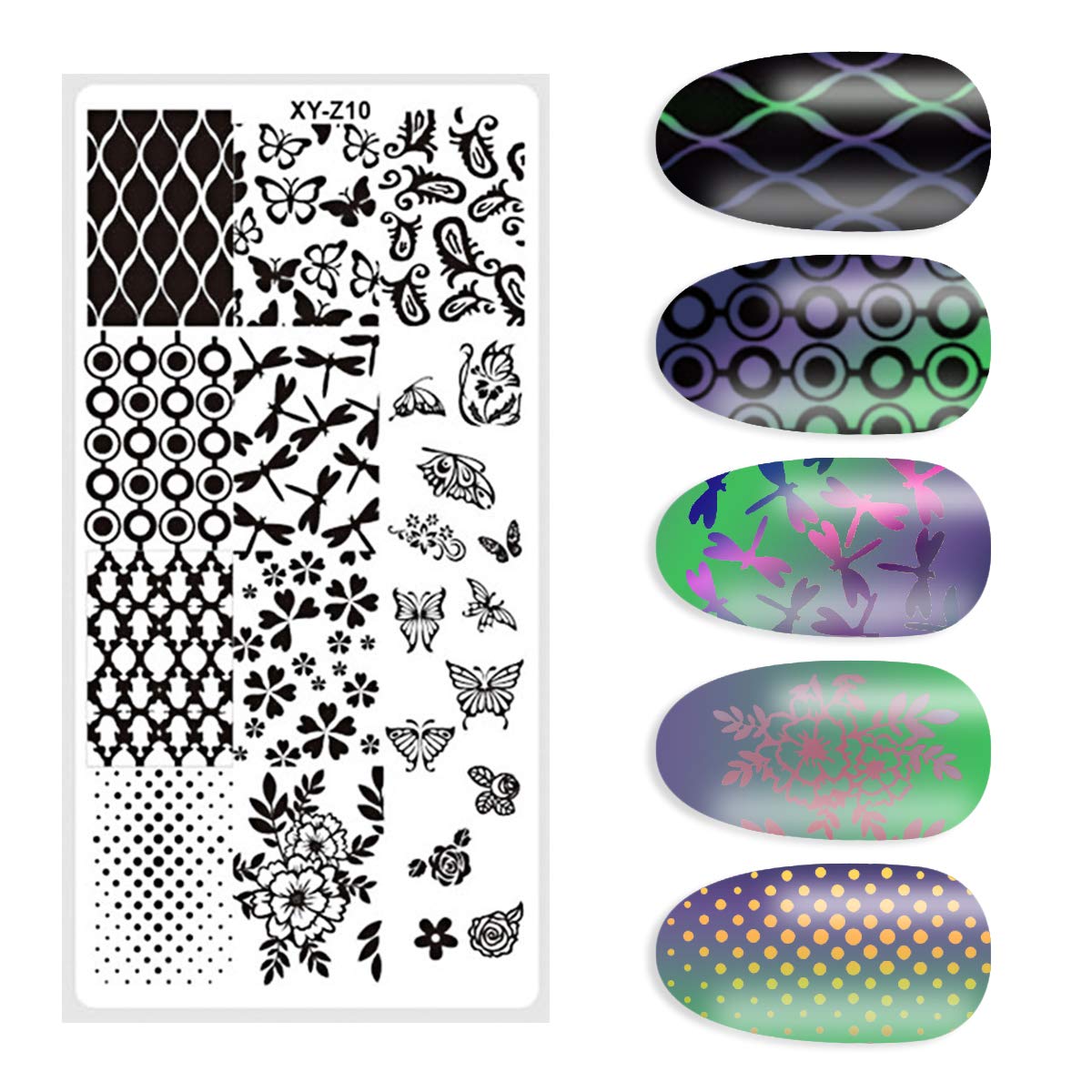 DANNEASY 6Pcs Nail Plate Stamping Set 1Nail Stamper 1Scraper 1Storage Bag Geometry Stripe Butterfly Design Nail Template Image Plate Manicure Stamp Kit