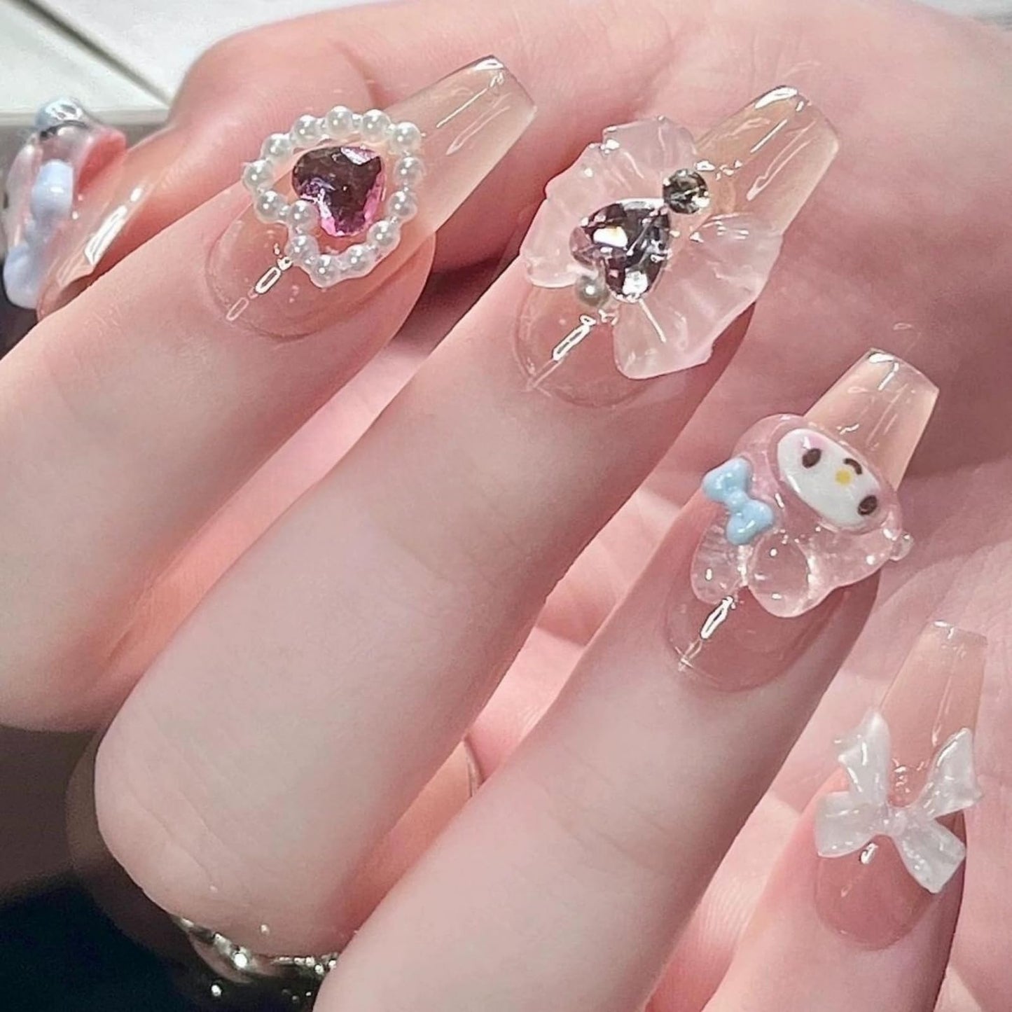 NLSJMP Thick Acrylic Press on Nails, Handmade Gel Press On Nails Long Square, bling pearl Cute bow rhinestone Kawaii Fake Nails Kit,Reusable 10 Nails Size M,#949, 949(Medium)