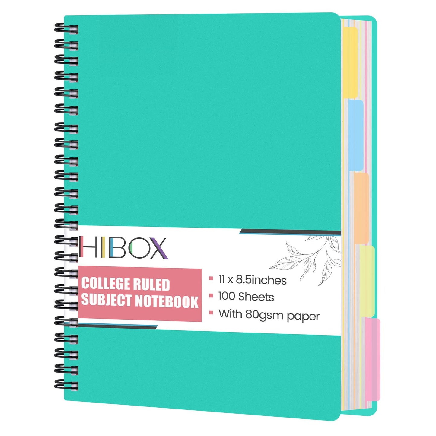 HIBOX Spiral Notebook with Tabs, 8.5x11inch Hardcover College Ruled Journals with Deviders 5 Subject Project Notebook Perforated Edges for School Office, Green