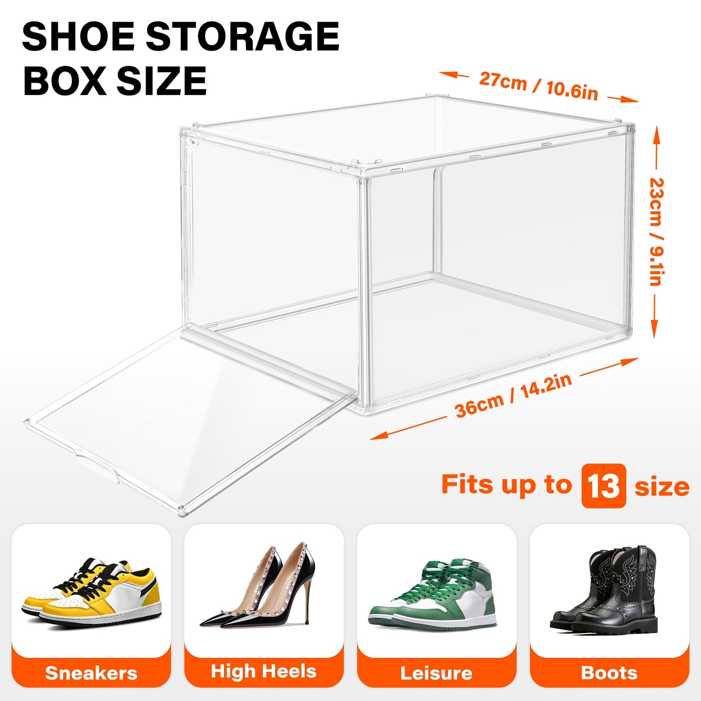 2 Pack Drop Front Shoe Boxes Fit US Size 13, Acrylic Shoe Organizer Clear Stackable Sneaker Sotrage Box for Entryway, Home, Underbed, Multiple Display Cases for Cosmetic, Hats, Figures, Sneakers