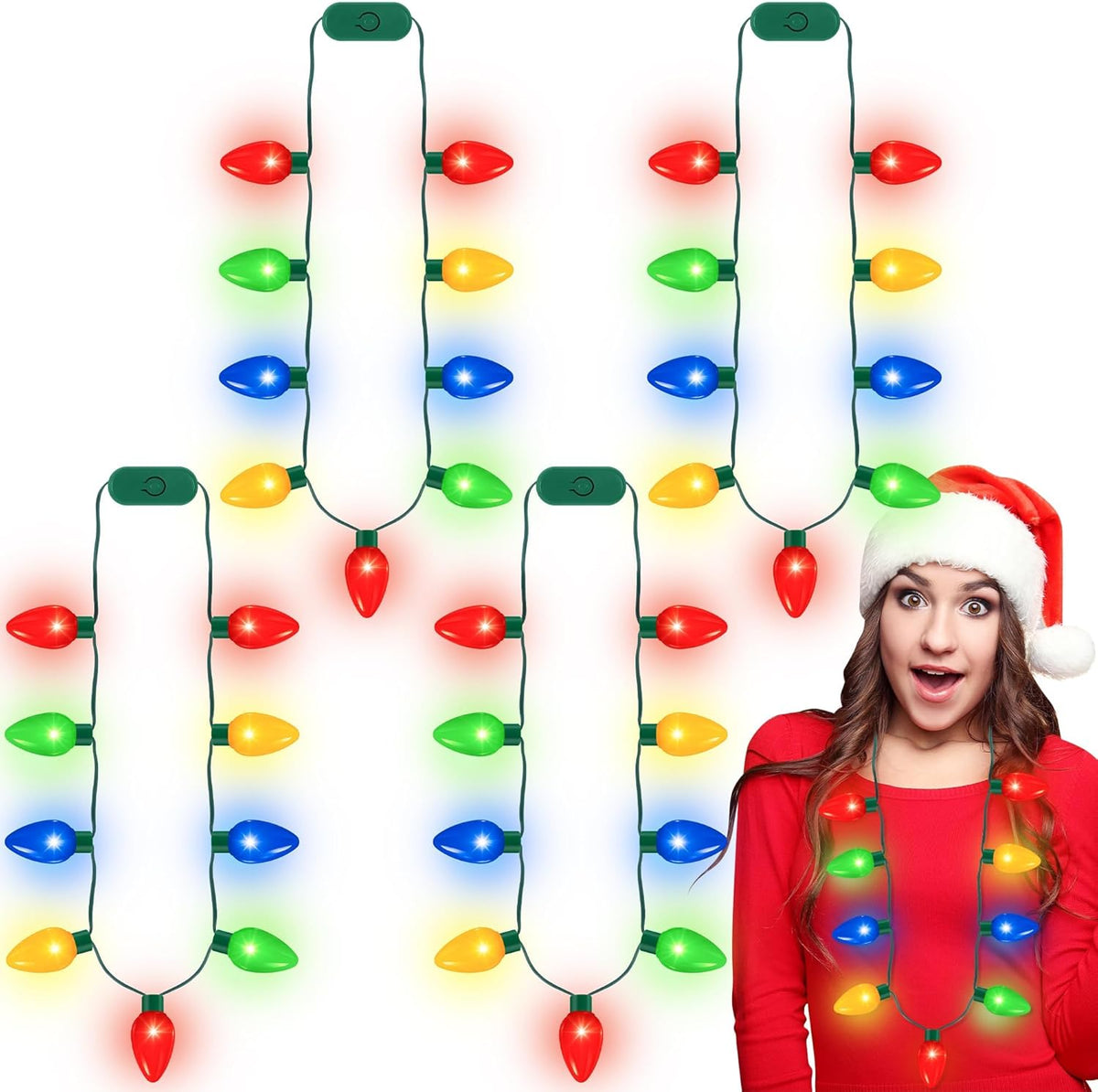 QZYL 20pcs Christmas Light Up Necklace, Christmas Necklace, Colorful 9 LED Bulbs Wearable Xmas Lights with 3 Flash Modes, Suitable for Xmas New Year Party Favor Accessories Supplies