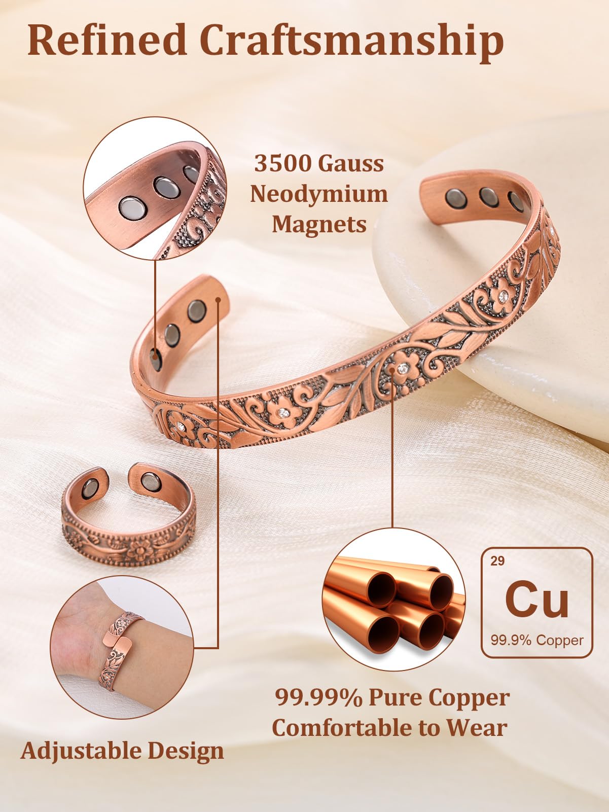 BioMag Copper Bracelet & Ring for Women, 99.99% Pure Copper Magnetic Bracelet Lymphatic Drainage Rings with 3500 Gauss Magnets, Adjustable & Flower Pattern (Copper-D)