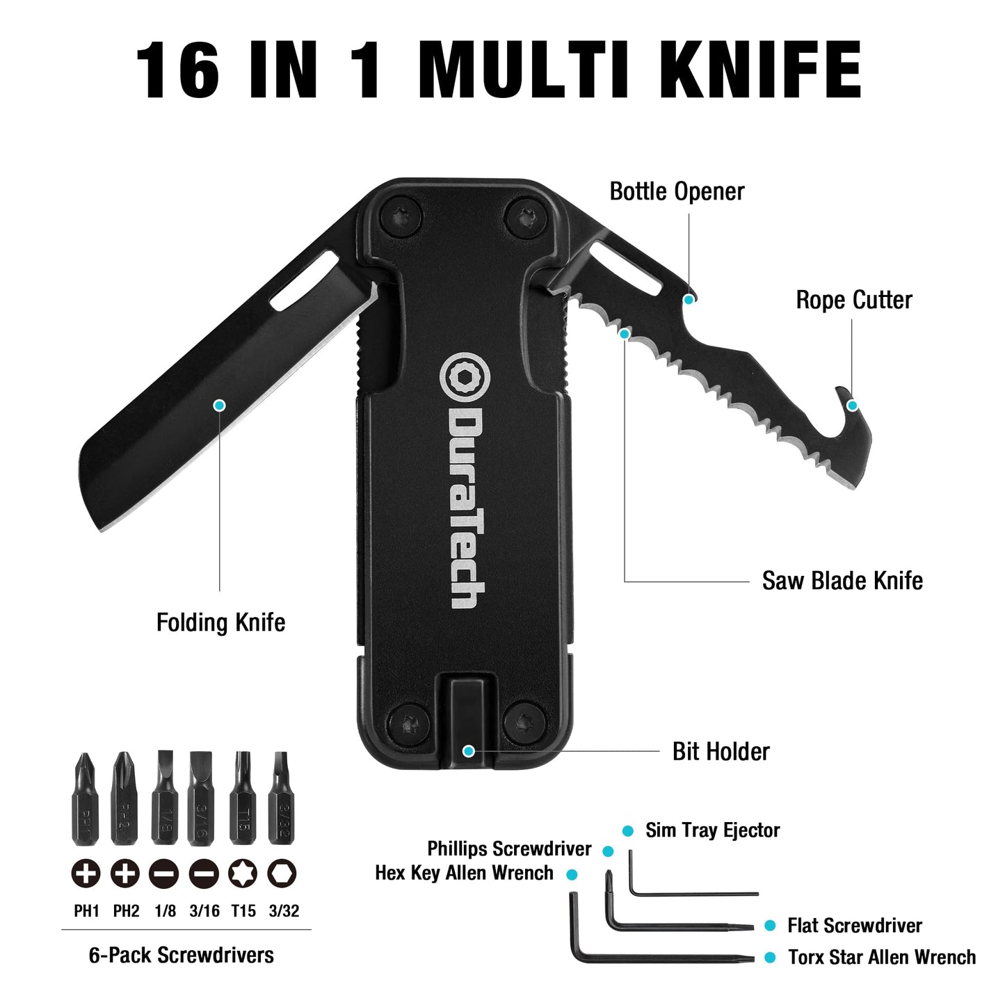 DuraTech 16-in-1 Multitool Knife, Gift for Men, Compact EDC Pocket Tool with Blade, Magnetic Bit Holder, 6 S2 Screwdriver Bits, Bottle Opener & Rope Cutter – Ideal for Camping, Hiking, Survival