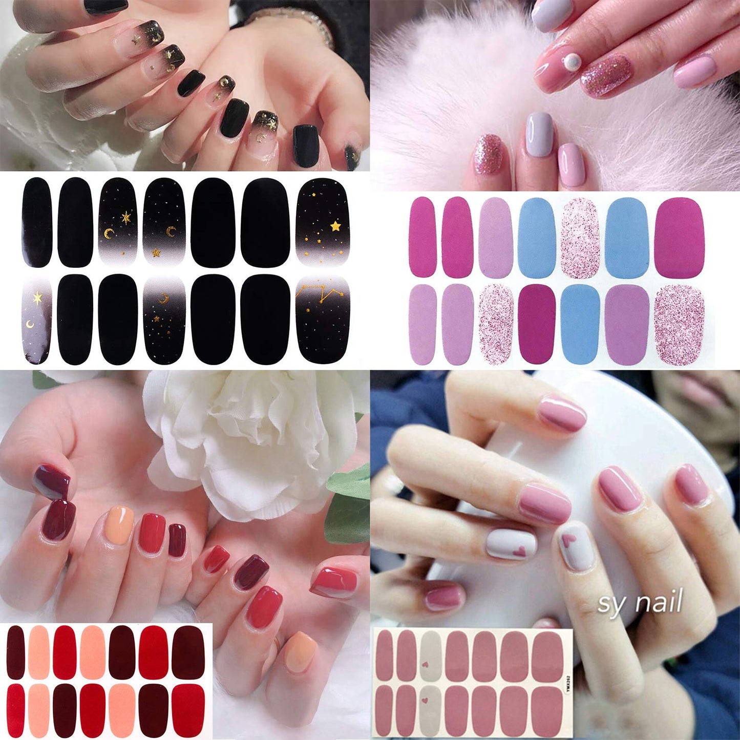 JERCLITY 24 Sheets Solid Color Nail Polish Strips Press On Nail Stickers Full Nail Wraps for Women