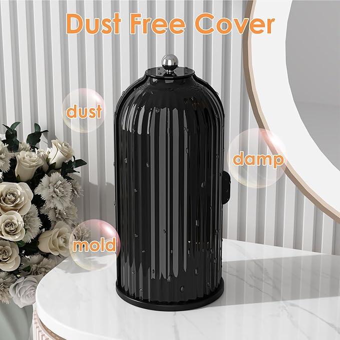 Makeup Brush Holder with Lid 360 Rotating Clear Dustproof Make Up Organizers for Vanity Bathroom Countertop, All Black
