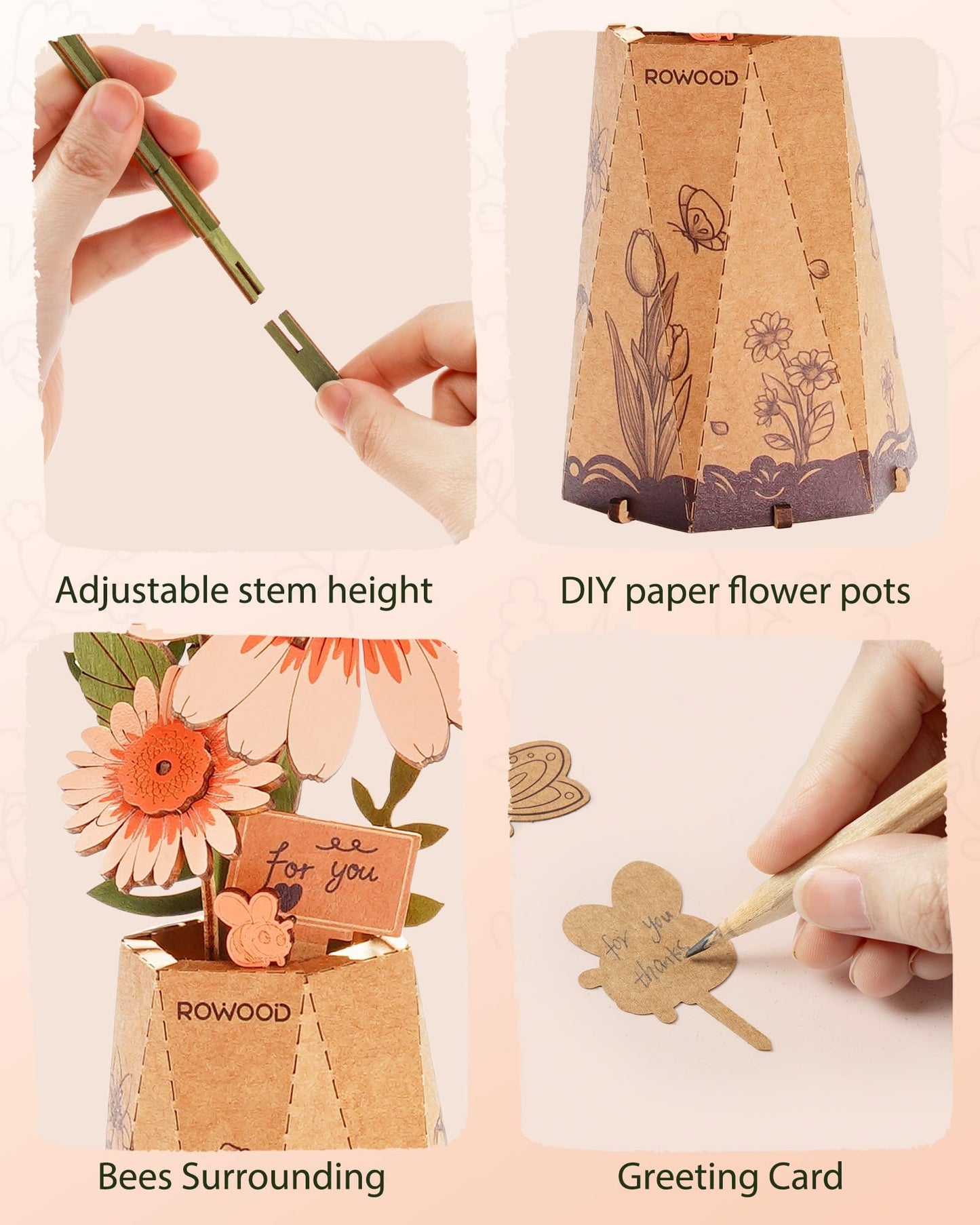 rowood 3D Puzzles for Adults,Mother's Day DIY Wooden Flower Building Set Craft Kits,Botanical Collection Home Decor, Teacher's Day/Christmas/Birthday Gift- Orange Gerbera Daisy