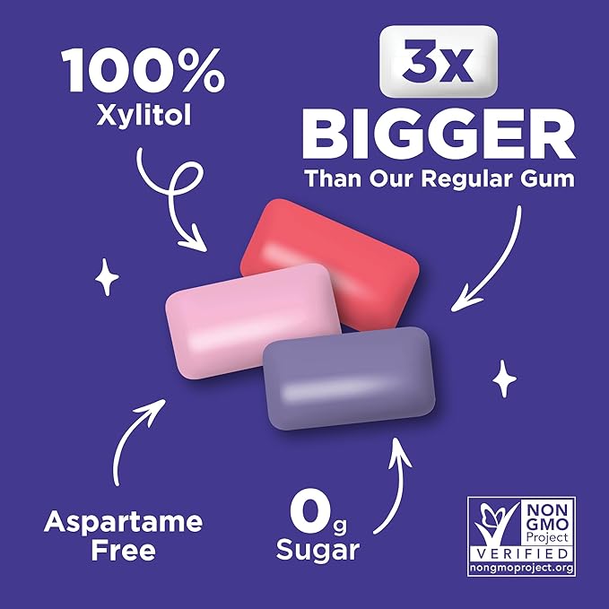 PUR Jumbo Gum | Aspartame Free Chewing Gum | 100% Xylitol | Natural Bubblegum, Grape, Watermelon Flavor, 20 Pieces (Pack of 10)