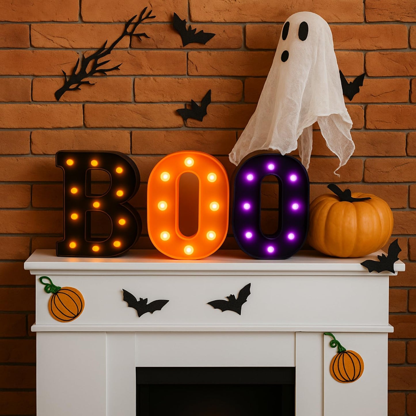 Grinsvalley Halloween Decorations Set Include 3 Boo Marquee LED Light up Letters with 72 Pcs Halloween 3D Bat Stickers Decor Boo Signs Light for Home Fireplace Room Desk Mantel Wall Table Party