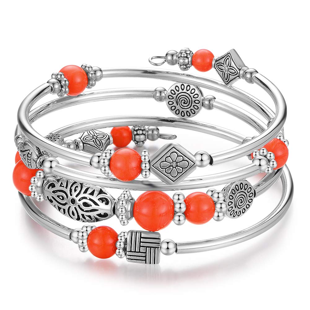 BULINLIN Layered Wrap Bangle Turquoise Bracelet - Bead Bracelet with Natural Agate Stone, Gifts For Women (08-Orange)