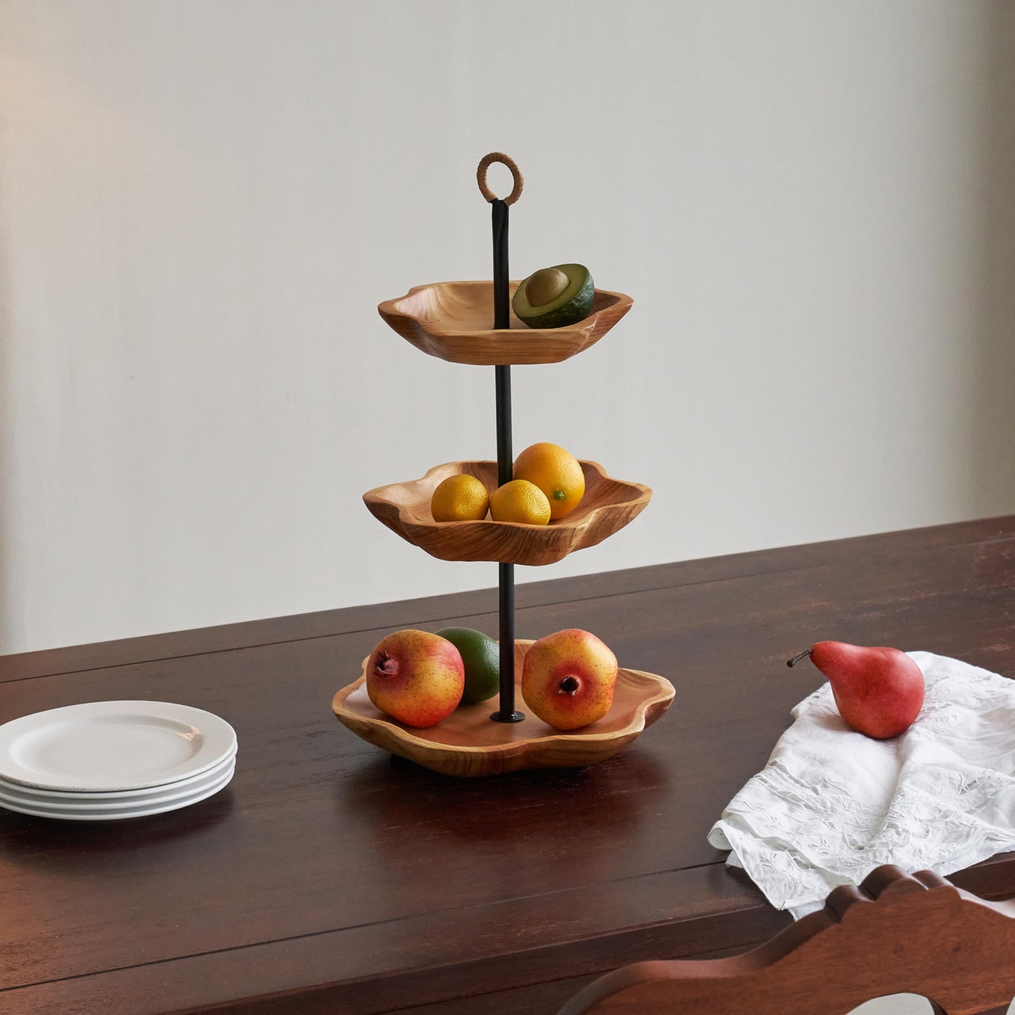 PJCOLL [PJ Collection] 3 Tier Wood Fruit and Snack Basket, Multi-Level Serving Tray, 3 Tier Cupcake Stand, Wood Plate, Three Tier Fruit Stand, Fruit Stand Holder, Handcrafted Home Goods (Round)