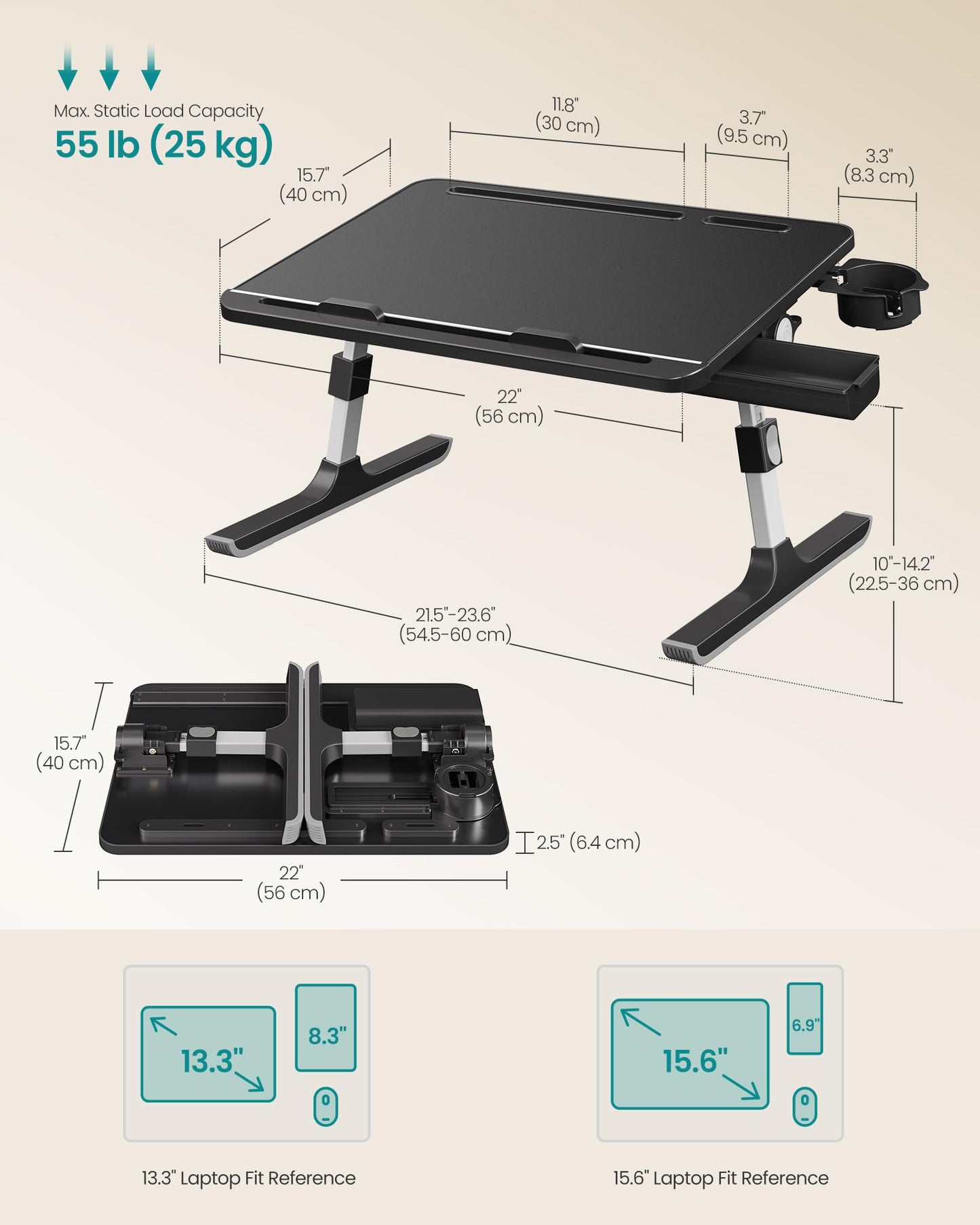 SONGMICS Bed Laptop Desk, Foldable Bed Desk for Laptop, 15.7 x 22 Inches Large Desktop, 120° Stepless Tilt, Adjustable Height, Cup Holder, Tray, Portable Bed Sofa Table, Ink Black ULLD113BC01