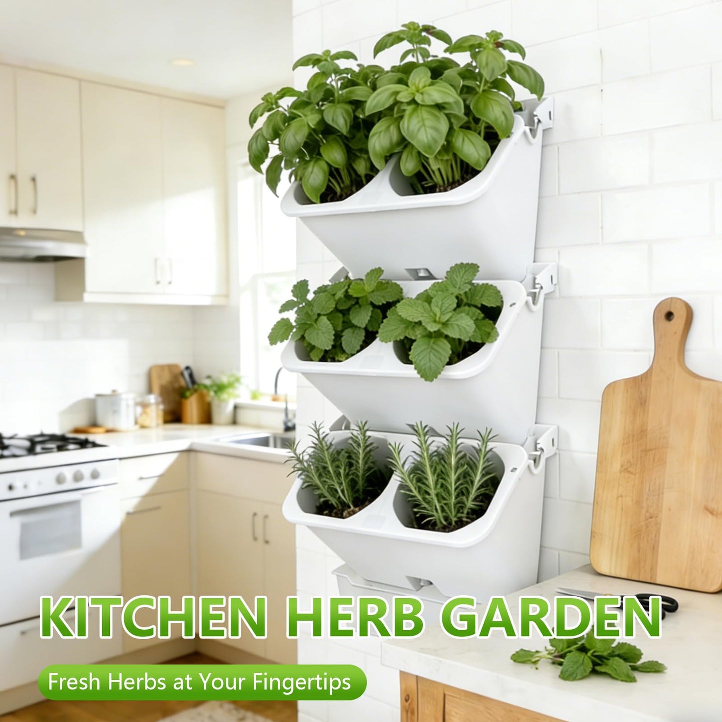 3-Tiers Vertical Wall-Mounted Planter with 6 Pots Vertical Garden Living Wall Planter Indoor Self-Watering Soil-Water Separation Stackable Plastic Planter for Herb Vegetable Flower Succulent (White)