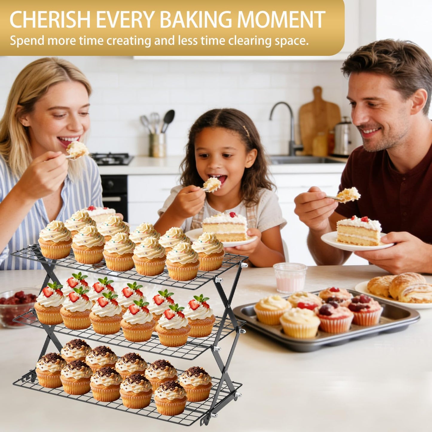 3-Tier Stackable Cooling Rack for Baking, Collapsible Wire Cookie Rack with Adjustable Heights, Non-Stick Roasting & Drying Rack for Cupcakes, Pies and Pastries, Space-Saving Kitchen Essential