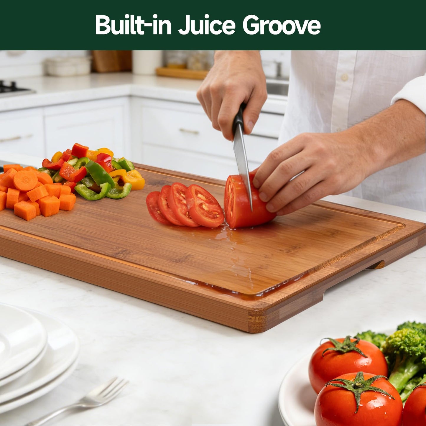 Zeawec 3-Piece Set Bamboo Cutting Board for Kitchen - Crack-Resistant Wood Chopping Boards with Deep Juice Grooves, Pre-Oiled Butcher Block for Meat, Vegetables & Cheese, Carbonized