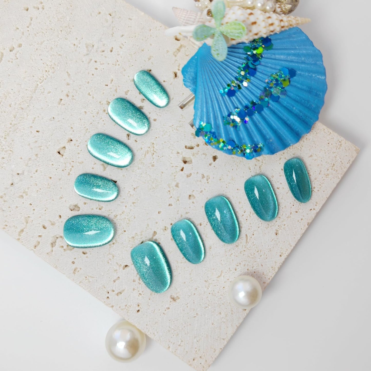 Cat Eye Press on Nails Handmade Short Oval/Square/Round False Nails with French Tip/Aurora/Magnetic Shimmer Designs (Side#Glass Sea S)