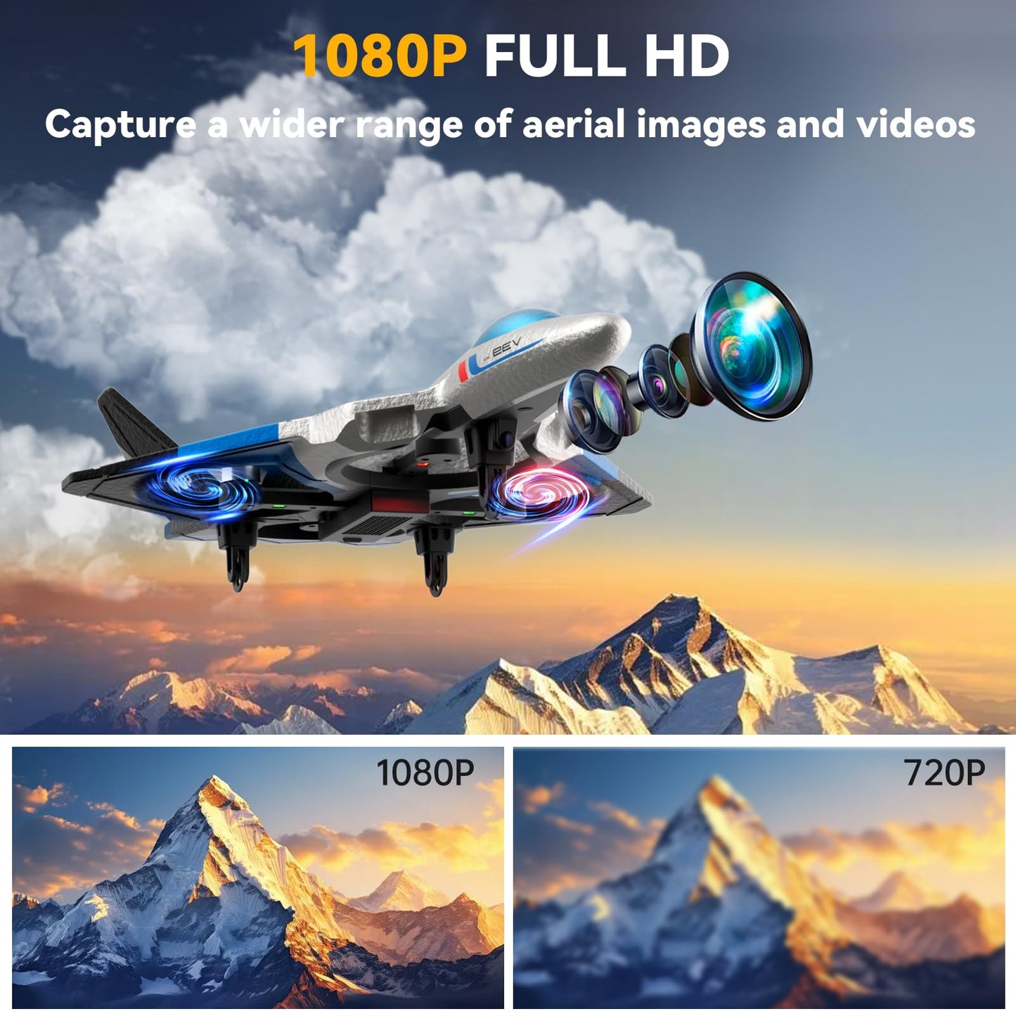 4DRC V39 Foam Remote Control Airplanes RC Planes with Camera,RC Airplane Fighter Jet with Light,Gravity Control, Auto-Follow, Trajectory Flight,One Key Take Off, 2 Batteries,Blue