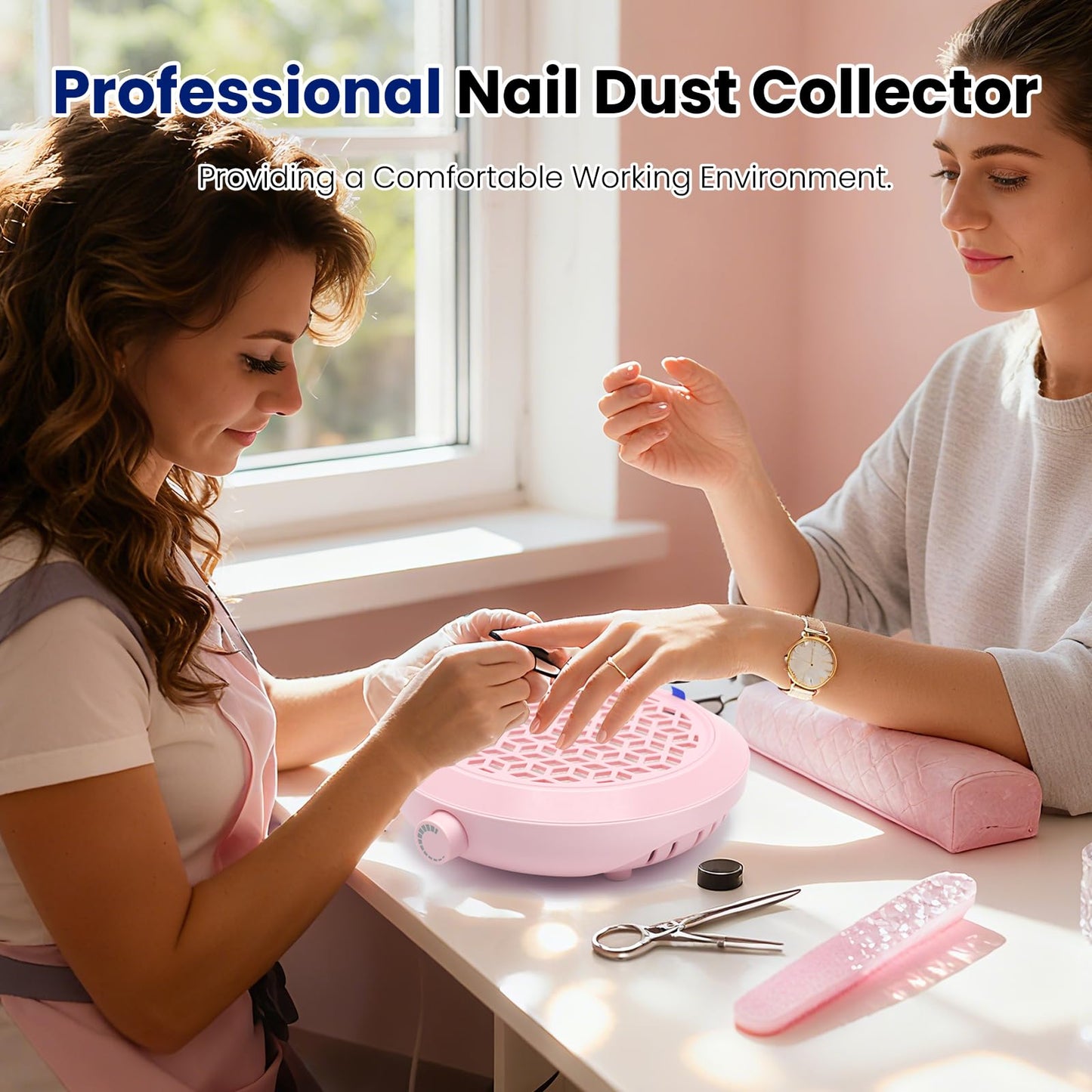 WISADA Nail Dust Collector, 4500RPM Powerful Suction Pink Nail Vacuum with Reusable Filter and Brush, Stepless Speed Control for Acrylics & Gels, Salon Tech & Home Essentials