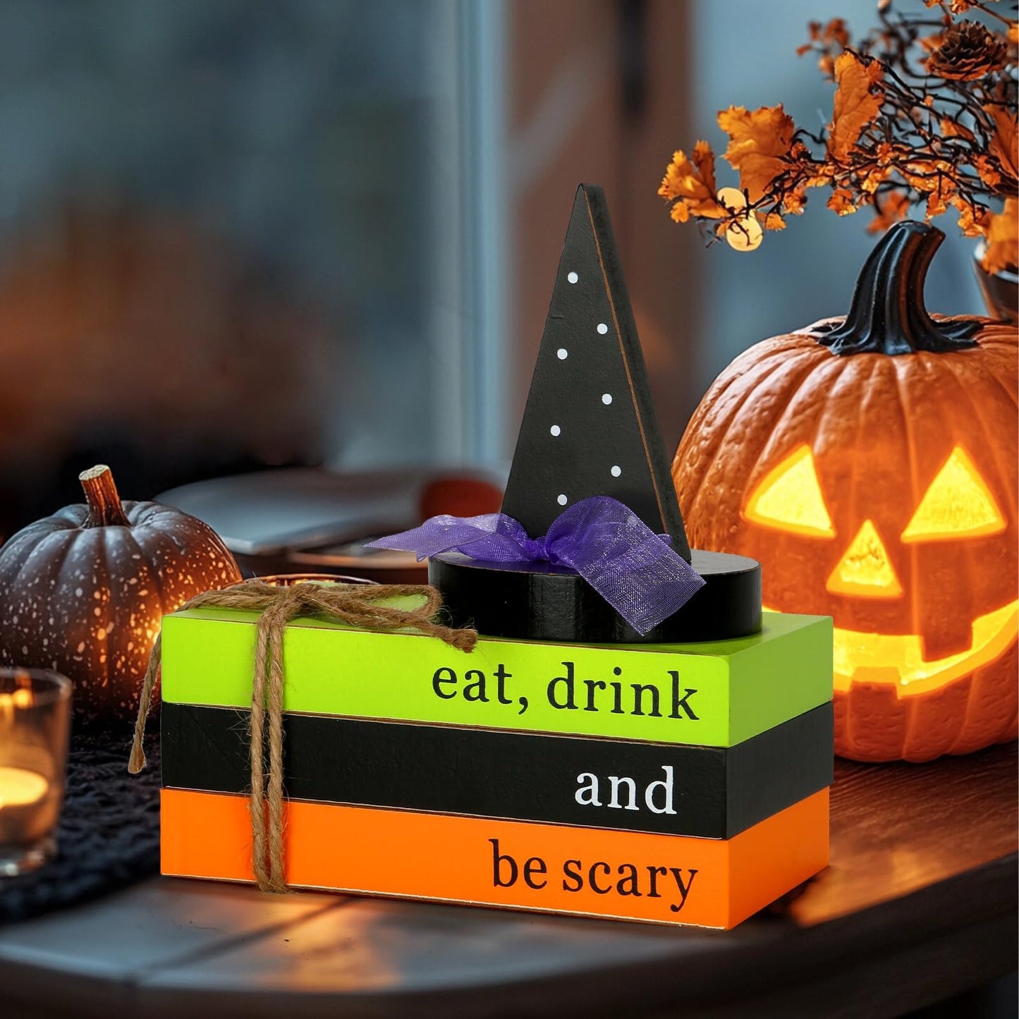 Halloween Decorations 4PCS Table Centerpieces, Cute Tabletop Halloween Decor for Tiered Tray Shelf Mantel Fire Place Office Desk Rustic Farmhouse Wood Faux Book Stack and Witch’s Hat Sign